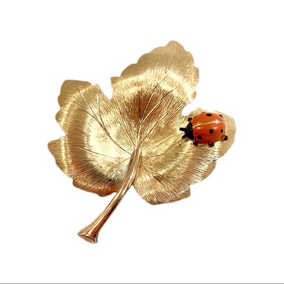 VTG Krementz 14k Overlay Ladybug Maple Leaf Brooch - Picture 3 of 11